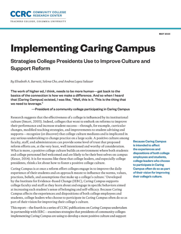 report cover Heading Implementing Caring Campus Strategies College Presidents